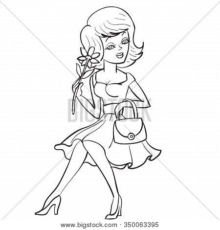 Girl In A Dress With A Flower In Her Hands And With A Handbag Sits, Drawing In Outline, Isolated Obj