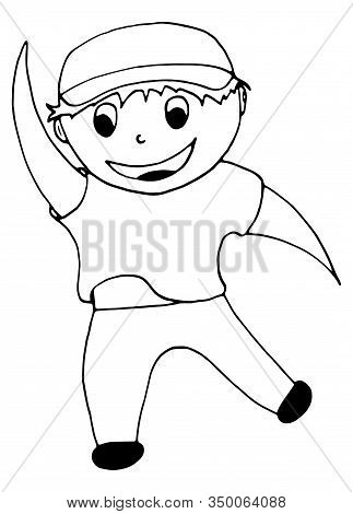 Jumping Happy Schoolboy In A Cap And Shirt. Vector Hand Drawn Illustration For Coloring Isolated On 