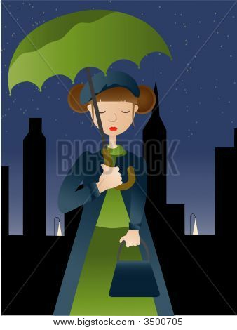Menina, segurando o guarda-chuva no Vector de noite