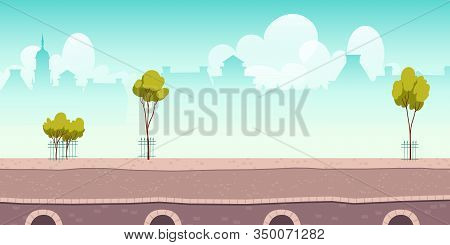 Summer River Promenade Or Bridge With Green Trees And City Buildings On Background. Vector Cartoon C