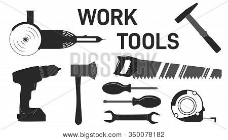 Set Of Monochrome Carpentry, Woodworkers, Sawmill And Lumberjack Hand Tools.  Building Tools Repair,