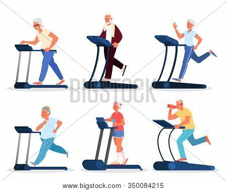 Old Peoplein The Gym. Seniors Training On Treadill. Fitness Program