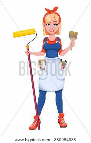 Painter Woman With Brush And Roller. Beautiful Lady Painter Cartoon Character. Stock Vector
