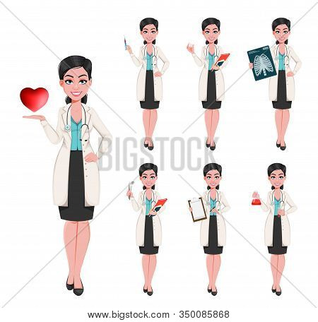 Medical Doctor Woman, Set Of Seven Poses. Attractive Confident Female Doctor Cartoon Character. Stoc