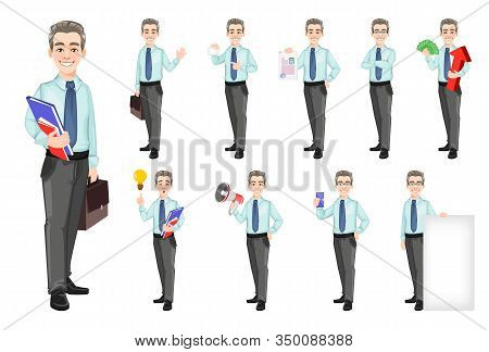Handsome Confident Business Man, Set Of Ten Poses. Businessman Cartoon Character. Stock Vector