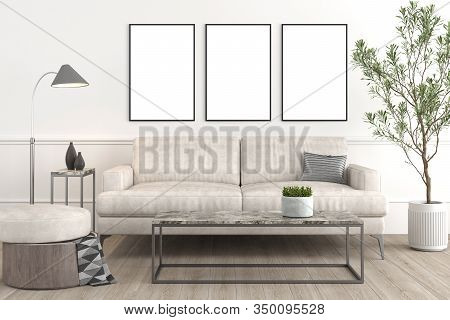 Interior Design Setup Of Modern Elegant Living-room Consisting Of Leather Couch And Puff, Coffe Tabl
