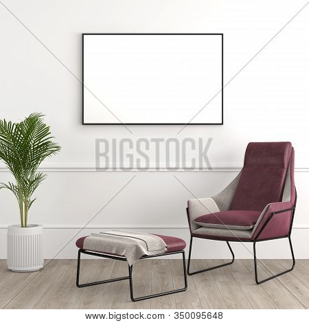 Interior Design Modern And Elegant Consisting Of Armchair With Footrest And Tropical Plant On A Pot 