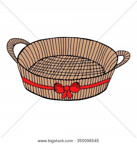 Hand-drawn Wicker Basket Isolated On A White Background.oval With A Bow Basket For A Picnic, For Col