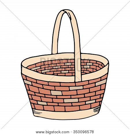 Hand-drawn Wicker Basket Isolated On A White Background.oval High Basket For A Picnic, For Collectin