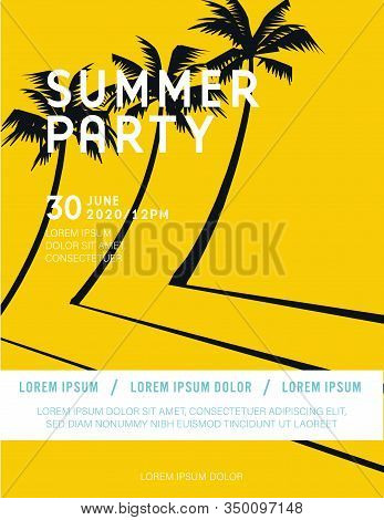 Summer Party Music Festival Flyer Vector Template With Palm Trees On Yellow Background. Copy Space F