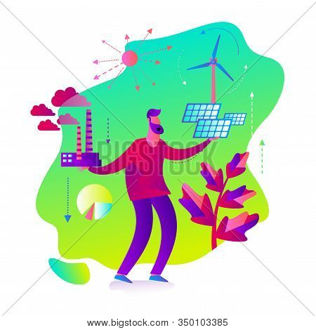 Ecological Illustration. Man Chooses Between Polluting And Clean Energy. Alternative Types Of Energy