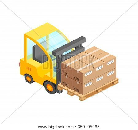 Isometric Forklift Truck Lifts Up Pallet With Pile Of Cardboard Boxes. 3d Yellow Fork Loader Isolate