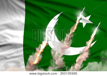 Pakistan Supersonic Warhead Launch - Modern Strategic Nuclear Rocket Weapons Concept On Flag Fabric 