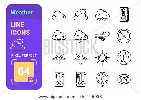 Weather Linear Icons Set Vector Illustration. Collection Os Sun, Cloud, Snowflake, Thermometer, Wind