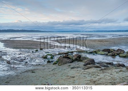 A Stream Flows Into The Puget Sound At Dash Point State Park In Washington State.