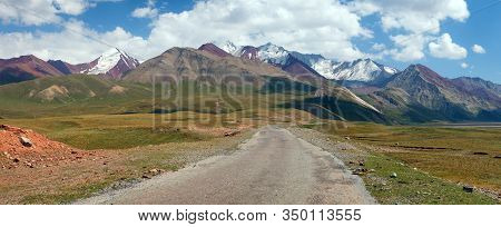 Beautiful Landscape Panorama Of Pamir Mountains Area In Kyrgyzstan. Pamir Highway M41 International 