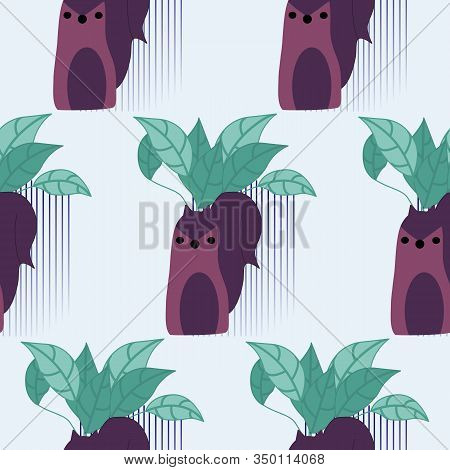 Purple Squirell Pots And Green Indoor Plants, Seamless Pattern