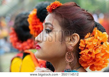 Kolkata, India - 1st March 2018 : Portrait Of Girl Dancer, Dressed In Sari, Traditional Indian Dress