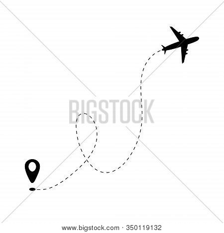 Airplane Line Path And Start Point On White Background. Dash Line Trace Of Trip. Air Travel With Air