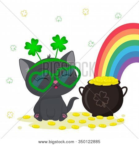 St. Patrick S Day Greeting Card. Cute Gray Kitten In A Rim Of Clover And Glasses Sitting, A Bowler H