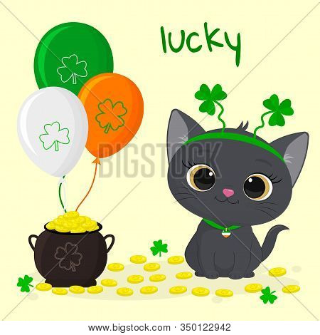 Postcard To The Day Of St. Patrick. Cute Gray Kitten Rim With Clover Sitting, Pot Of Gold Coins, Thr