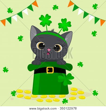 St. Patrick S Day Greeting Card. Cute Gray Cat In A Rim With Clover, Sitting In A Green Hat, A Dwarf