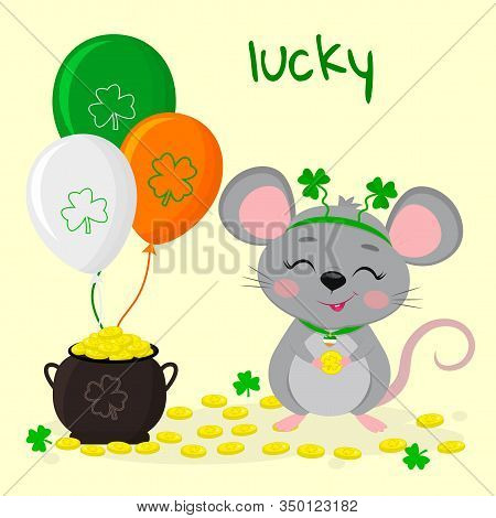 Postcard To The Day Of St. Patrick. A Cute Gray Mouse In A Rim With Clover Stands And Holds A Coin I