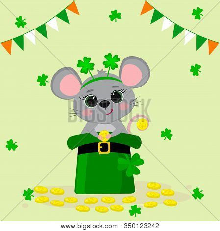Postcard To The Day Of St. Patrick. A Cute Gray Mouse In A Rim With Clover, Sitting In A Green Hat A