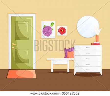 Vector Interior Of Home Hallway With Decoration In Flat Cartoon Style. Template Of Entrance Of House