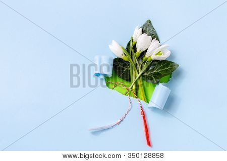 Spring Greeting Card Made From Blue Torn Paper With Snowdrops (galanthus Nivalis) Flowers. 8 March, 