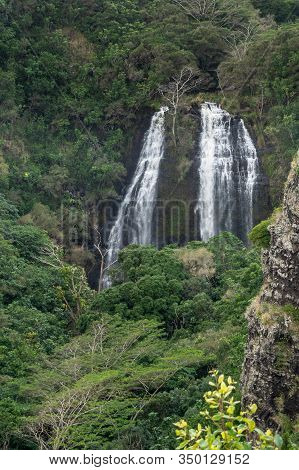 Nawiliwili, Kauai, Hawaii, Usa. - January 16, 2020: Closeup Of White Water Opaekaa Falls Surrounded 