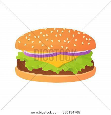 Delicious Cartoon Cheeseburger With Onion, And Salad Or Lettuce, Beef Steak And Bun With Sesame.fast