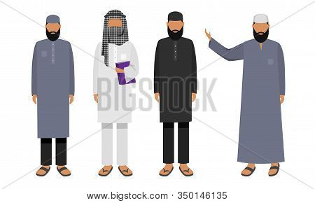 Set Of Muslim Arabic Men Wearing Traditional Ethnic Clothing. Vector Illustration In Flat Cartoon St