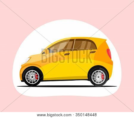 Isolated Small Yellow Car Isolated On Pink Background