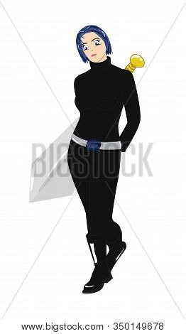 Girl In Black Clothes With Big Sword Behind Her Back. Cartoon Vector Illustration.