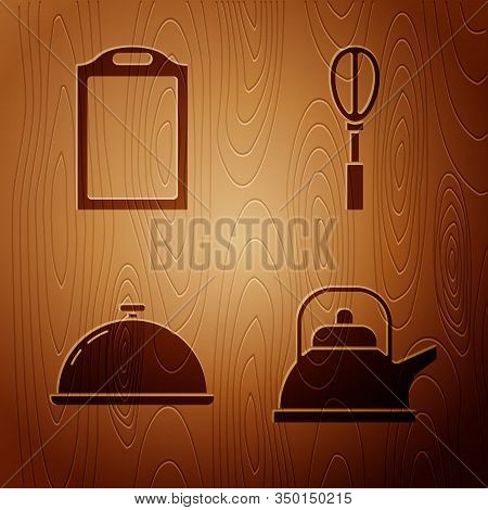 Set Kettle With Handle , Cutting Board , Covered With A Tray Of Food And Kitchen Whisk On Wooden Bac
