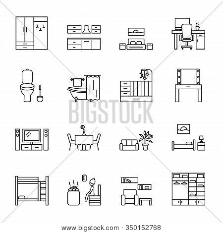 Home Room Vector Line Icons Set. Types Of Rooms And Premises In The House. Concept For Web Banners A