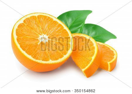 Orange Fruit Slice With Leaves Isolated On White Background