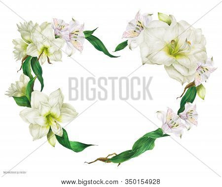 Tender Heart Shape Wreath With White Flowers, Realistic Watercolor Illustration
