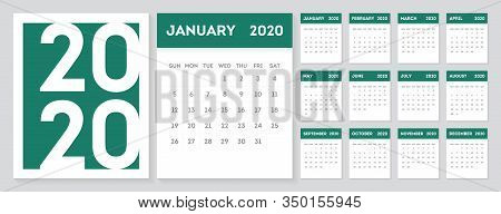 2020 Gregorian Calendar Design Template. Set Of 12 Months Calendar In A Minimalist Style.