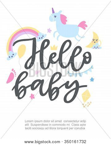 Baby Boy Showel And Happy Birthday Poster With Cute Unicorns Hello Baby Lettering Vector Cartoon Ill