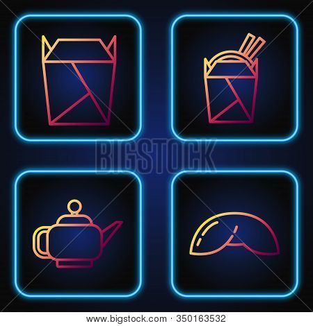 Set Line Chinese Fortune Cookie, Japanese Tea Ceremony, Rstaurant Opened Take Out Box Filled And Asi