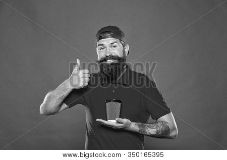 Delicious Coffee. Contains Caffeine. Cafe Barista Hold Coffee Cup. Coffee To Go. Cafe Stuff Red Unif