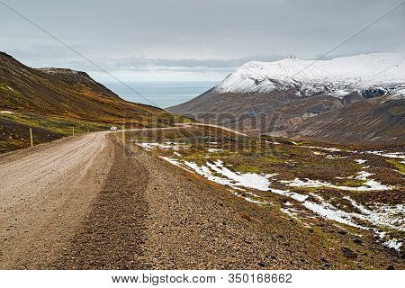 Off Road In The Mountains And Ocean View In Borgarfjordur Eystri In East Iceland In A Cloudy Day