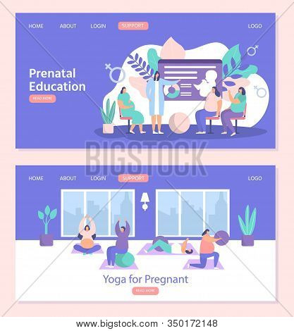 Pregnant Women Exercises Fitness, Yoga And Prenatal Education Vector Illustration Websites Page Temp