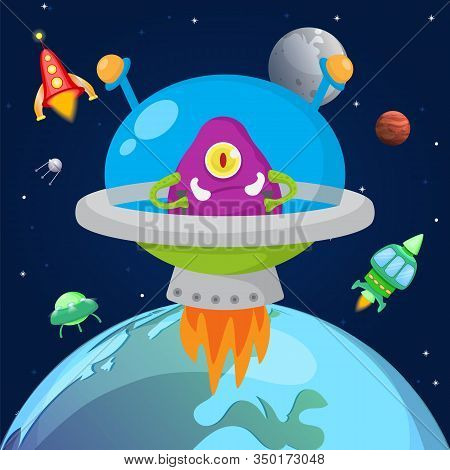 Alien One Eyed Violet Monster Flying In Space In Spaceship Vector Illustration. Cartoon Cute Monstro