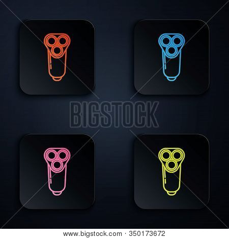 Color Neon Line Electric Razor Blade For Men Icon Isolated On Black Background. Electric Shaver. Set