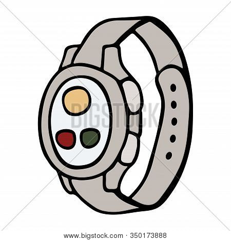 Fitness Tracker Smart Watch With Heart Rate Monitor, Cartoon Doodle Vector Style Design. Modern Styl
