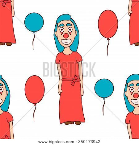 Cartoon Woman Clown In A Dress With Balloons. Stock Seamless Pattern