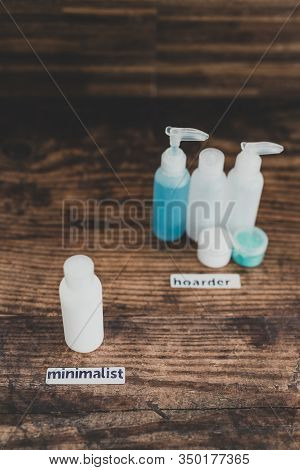Minimalist Vs Hoarder Lifestyle, One Beauty Product Essential Vs Group With Different Types Of Lotio